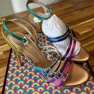 NWT Kurt Geiger Pierra Metallic Rainbow Leather Strappy Dress Sandals, Size 6.5p